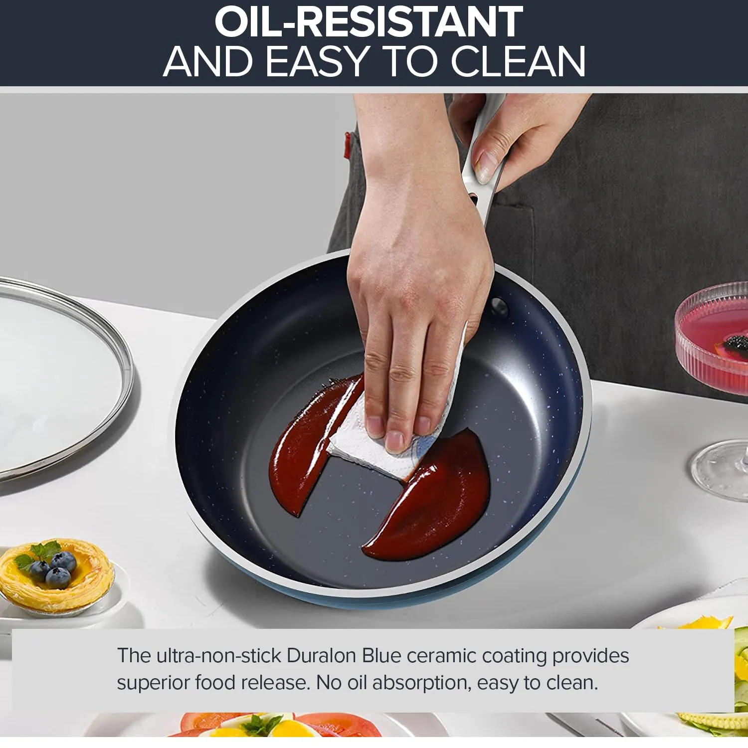 7pc Cookware Set Healthy Duralon Blue Ceramic Nonstick Coated, Diamond Infused Scratch-Resistant, PFAS Free