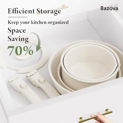 Bazova Ceramic Nonstick Cookware Set, Healthy,Non Toxic,17-Pieces Pots and Pans Set Removable Handles,Induction RV Kitchen Set,Stain & Scratch-resistant,Dishwasher/Oven Safe,PFAS/PFOA Free,Cream White