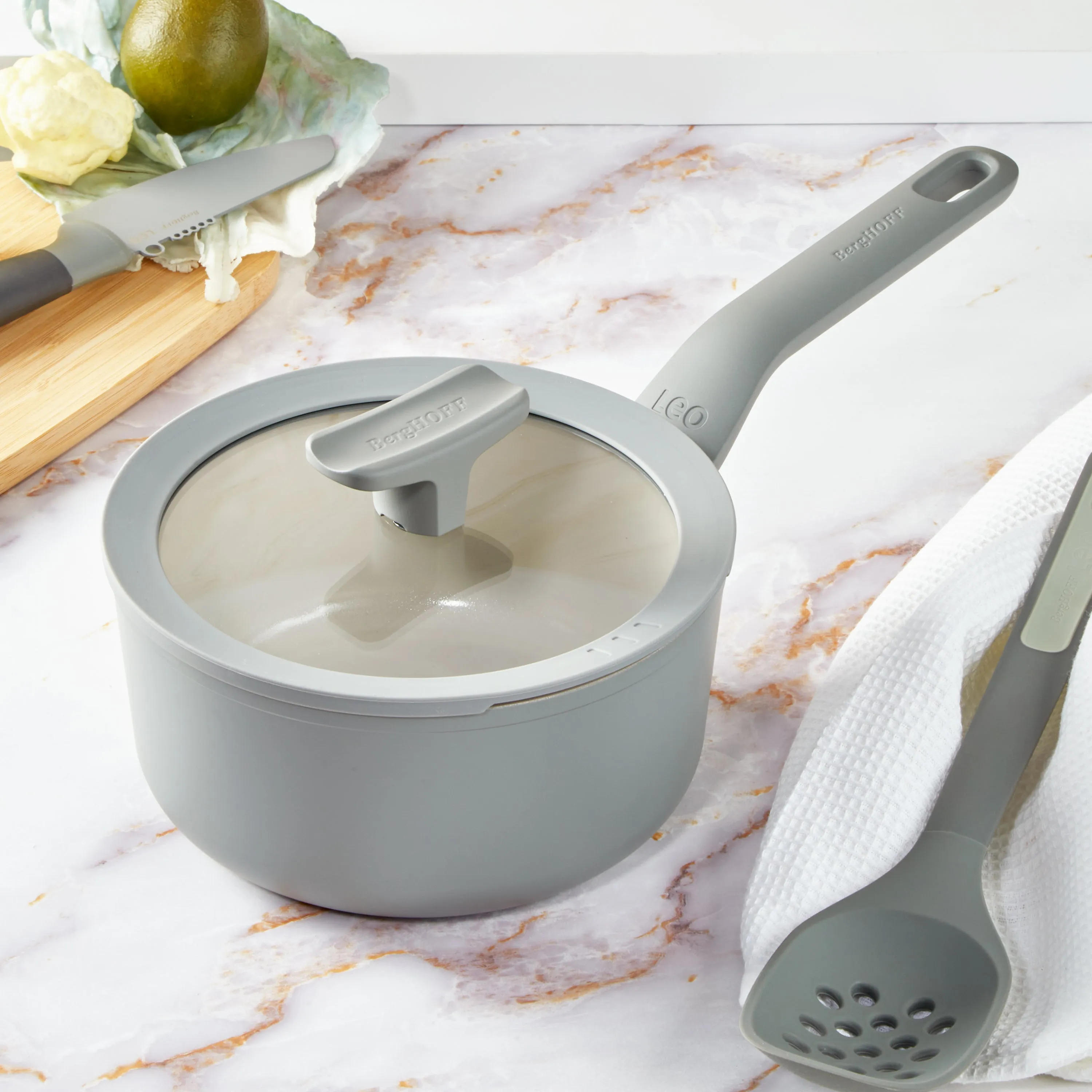 BergHOFF Balance Nonstick Ceramic Saucepan 7", 2.1qt. With Glass Lid, Recycled Aluminum, Moonmist