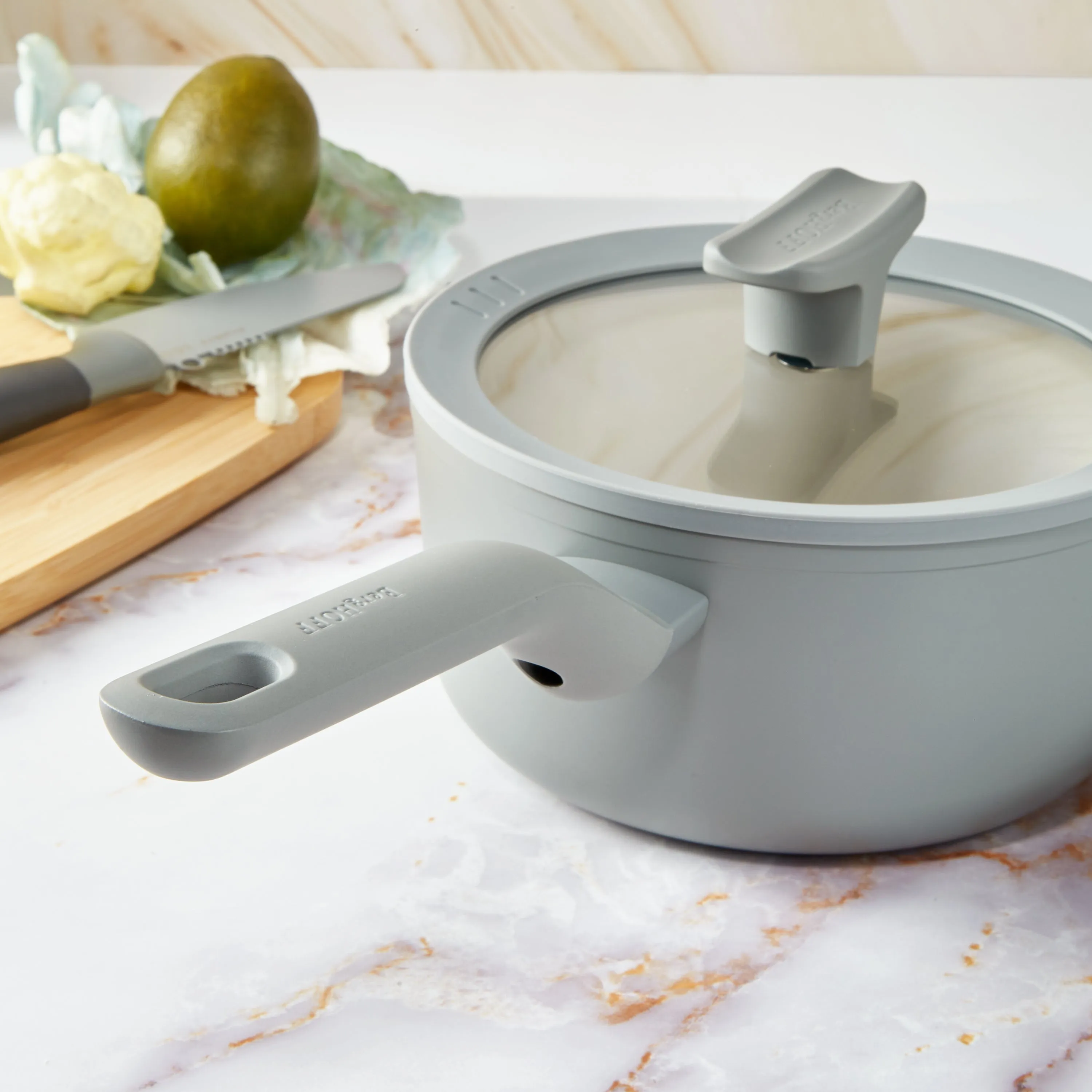 BergHOFF Balance Nonstick Ceramic Saucepan 7", 2.1qt. With Glass Lid, Recycled Aluminum, Moonmist