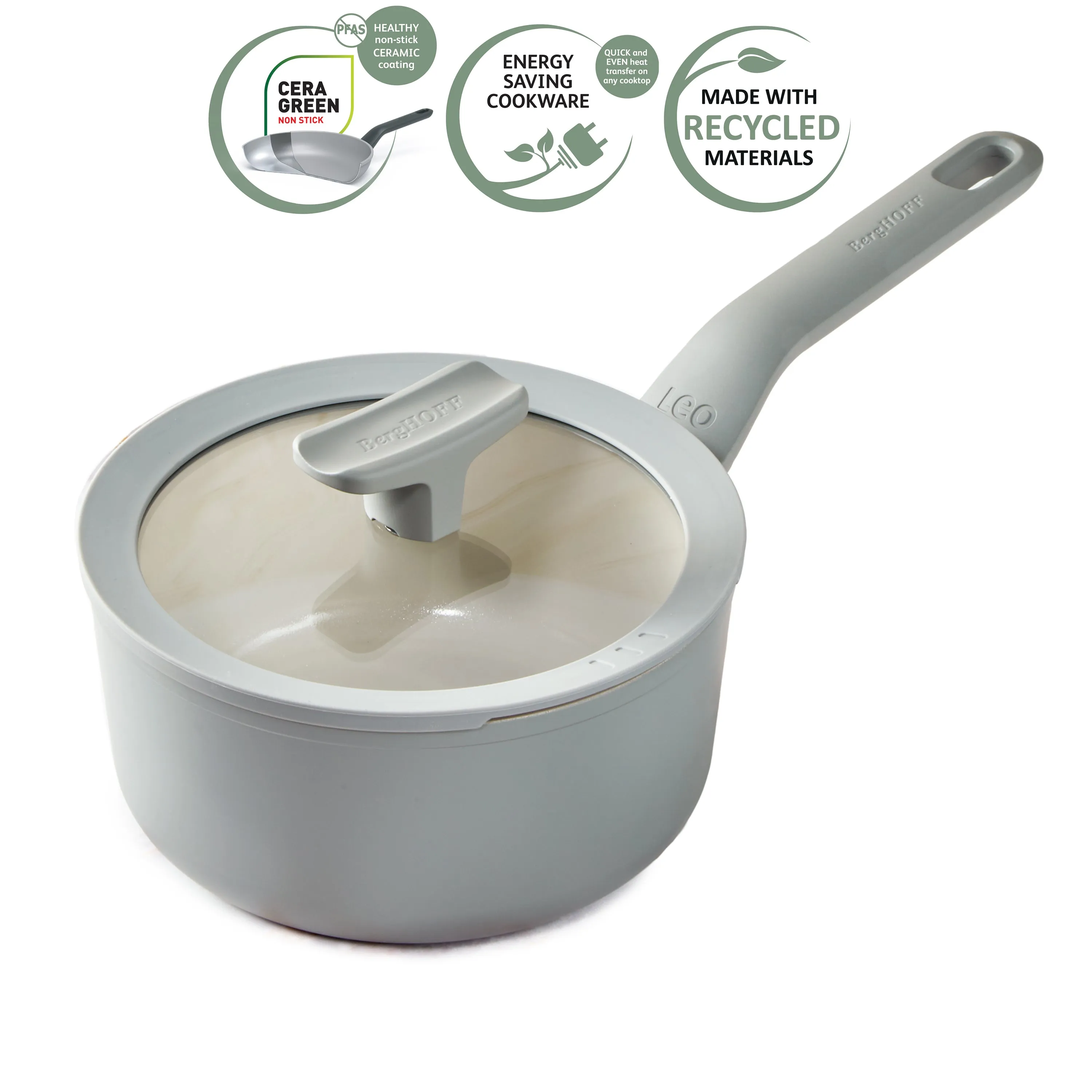 BergHOFF Balance Nonstick Ceramic Saucepan 7", 2.1qt. With Glass Lid, Recycled Aluminum, Moonmist