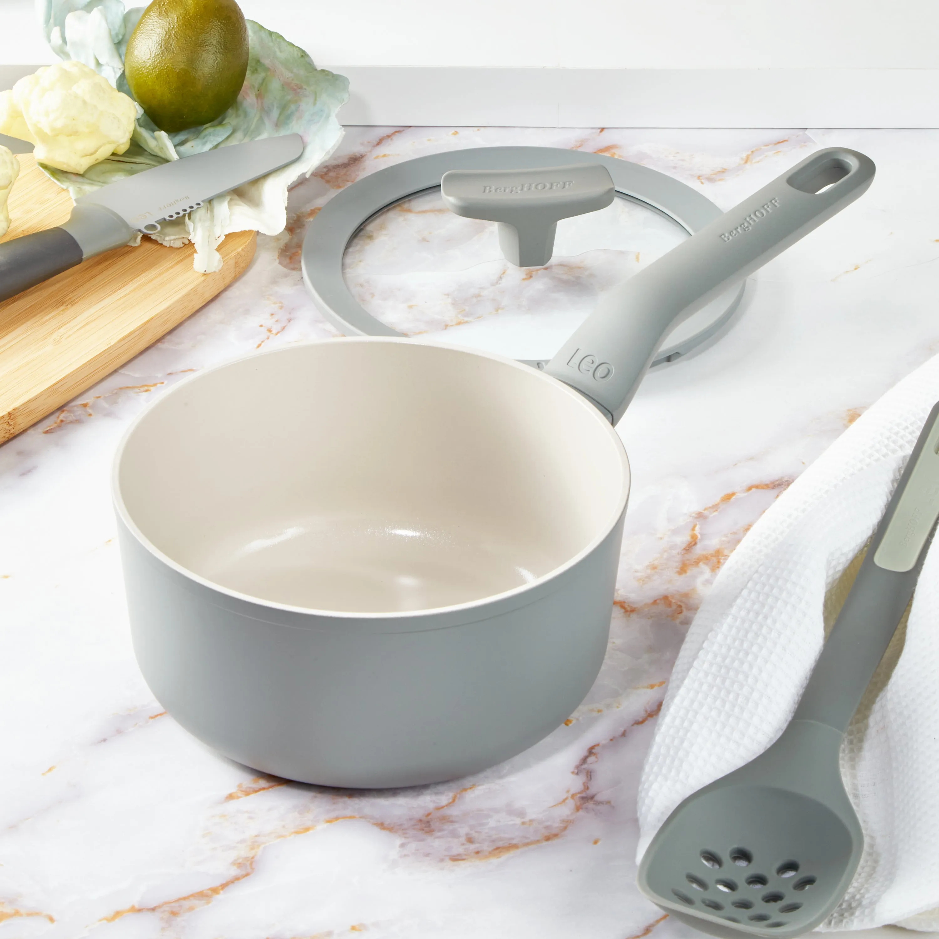 BergHOFF Balance Nonstick Ceramic Saucepan 7", 2.1qt. With Glass Lid, Recycled Aluminum, Moonmist