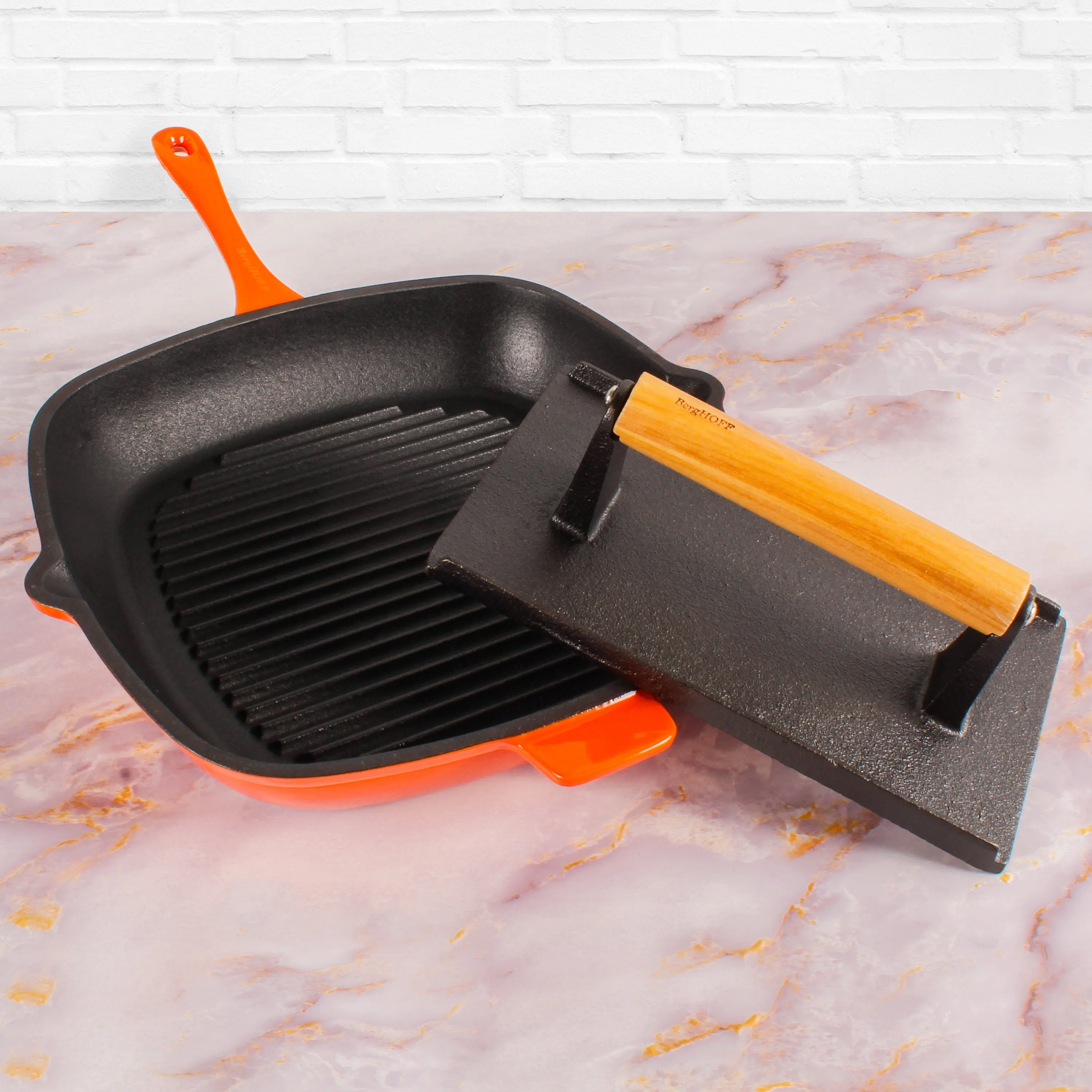 BergHOFF Neo 2pc Cast Iron 11" Grill Pan with Steak Press, Orange