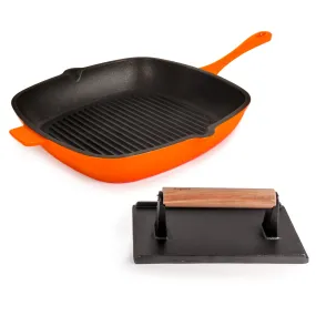 BergHOFF Neo 2pc Cast Iron 11" Grill Pan with Steak Press, Orange