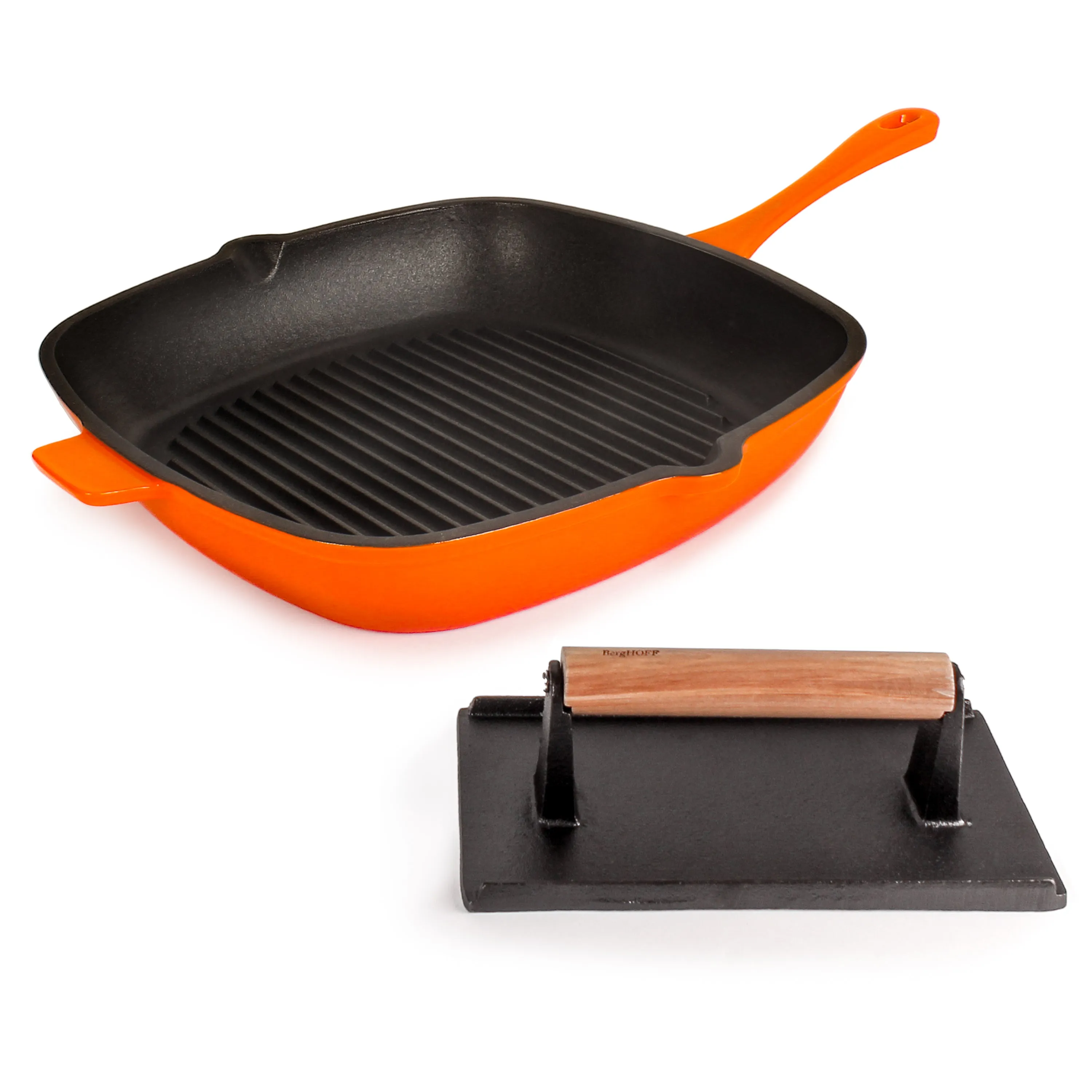 BergHOFF Neo 2pc Cast Iron 11" Grill Pan with Steak Press, Orange