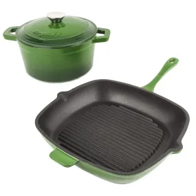 BergHOFF Neo 3pc Cast Iron Cookware Set, Grill Pan & Round Dutch Oven, Green