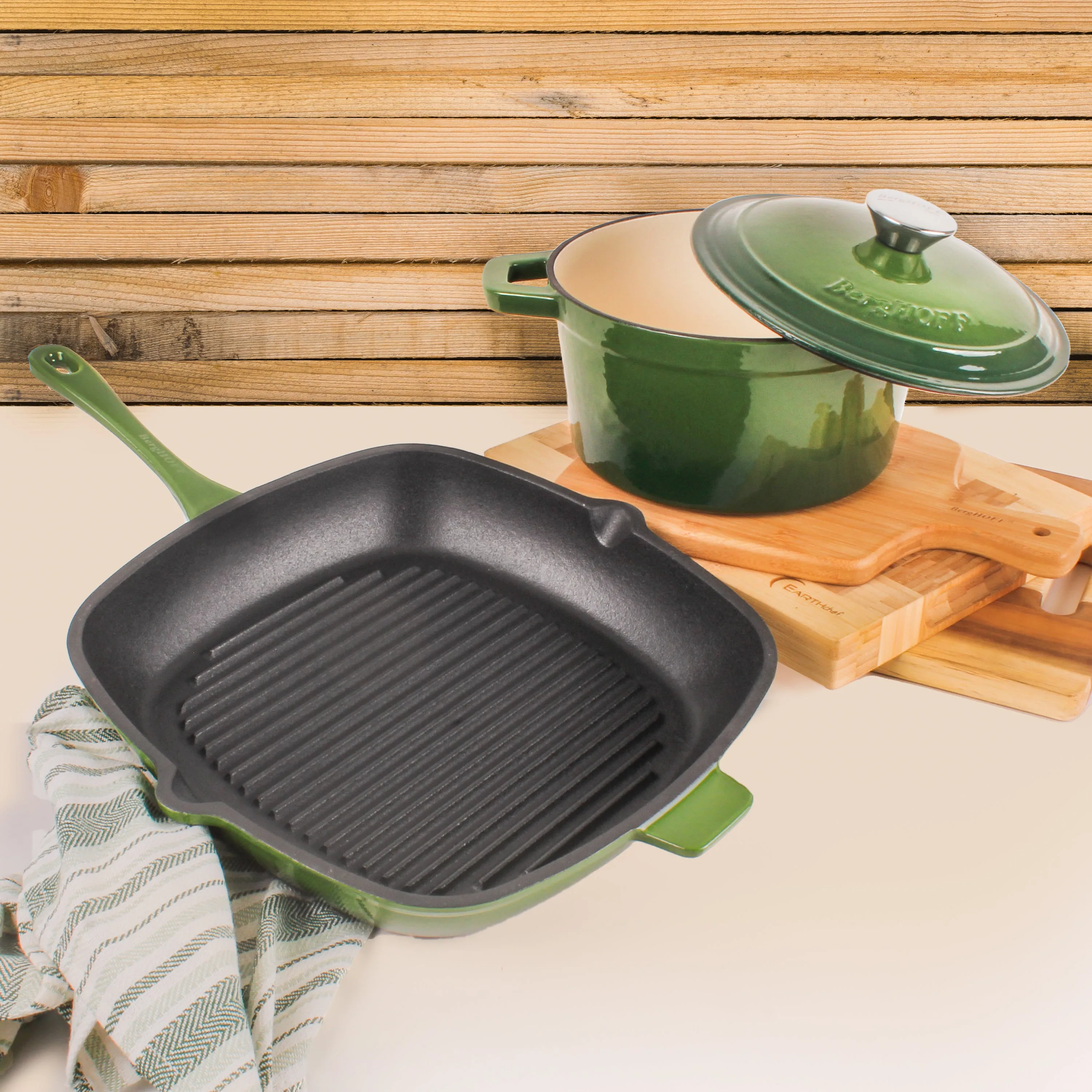 BergHOFF Neo 3pc Cast Iron Cookware Set, Grill Pan & Round Dutch Oven, Green