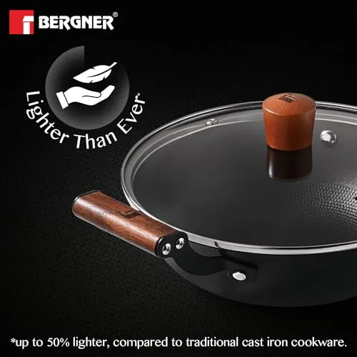Bergner Odin 28 cm Cast Iron Kadai/Kadhai with Glass Lid, 3.3 L Capacity
