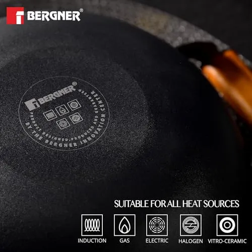 Bergner Odin 28 cm Cast Iron Kadai/Kadhai with Glass Lid, 3.3 L Capacity