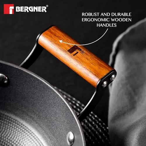 Bergner Odin 28 cm Cast Iron Kadai/Kadhai with Glass Lid, 3.3 L Capacity