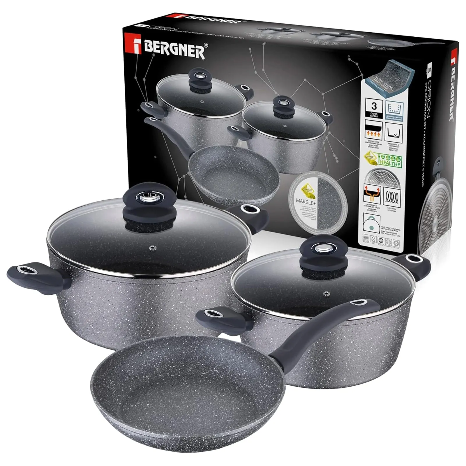 Bergner Orion 5 Piece Black Aluminium Cookware Set