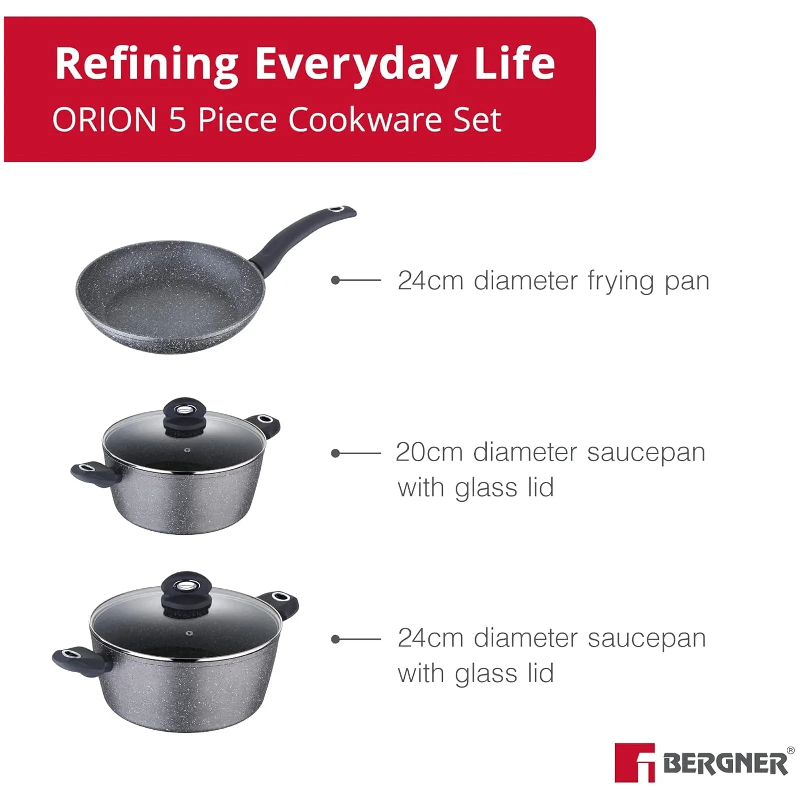 Bergner Orion 5 Piece Black Aluminium Cookware Set