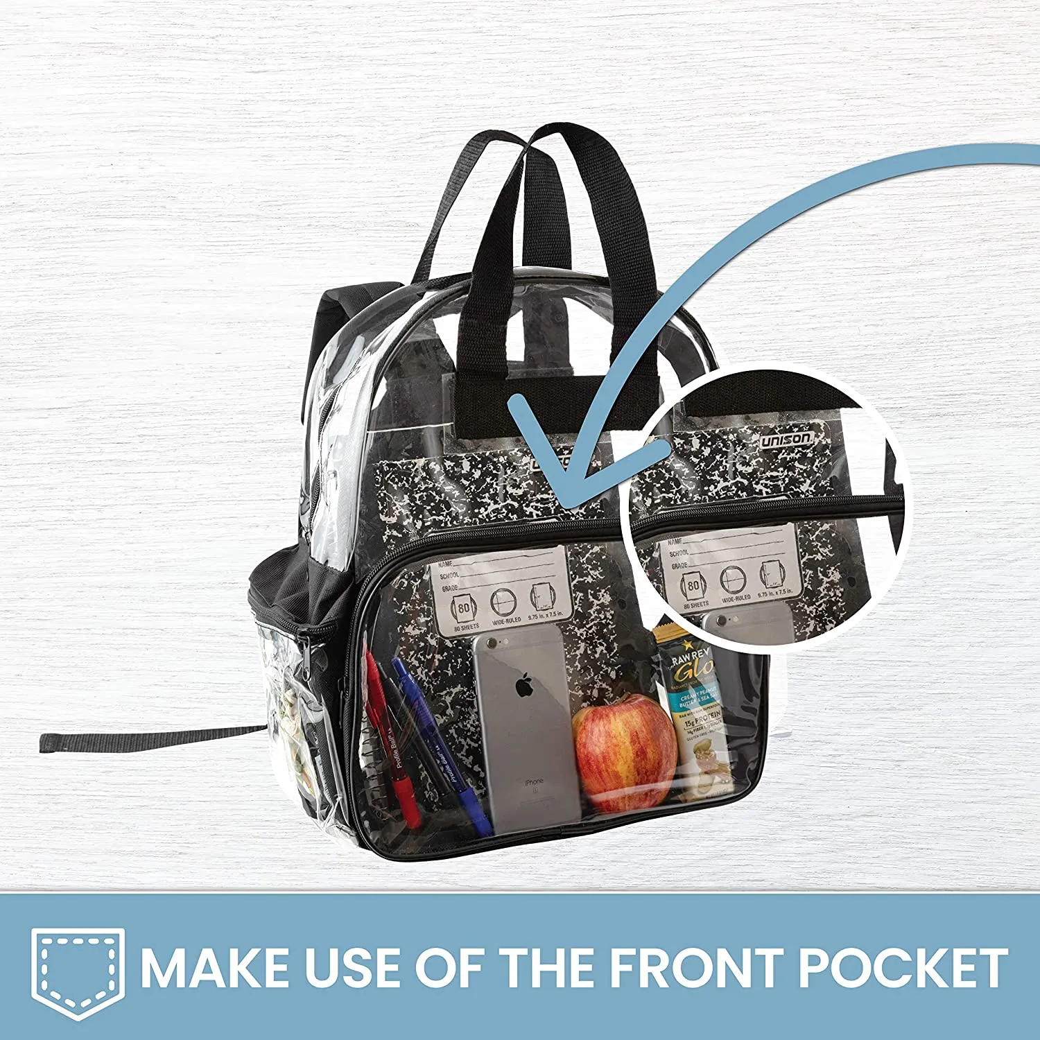Clear Backpack Security Approved - Reinforced Straps & Front Accessory Pocket 12.5" x 5" x 13"