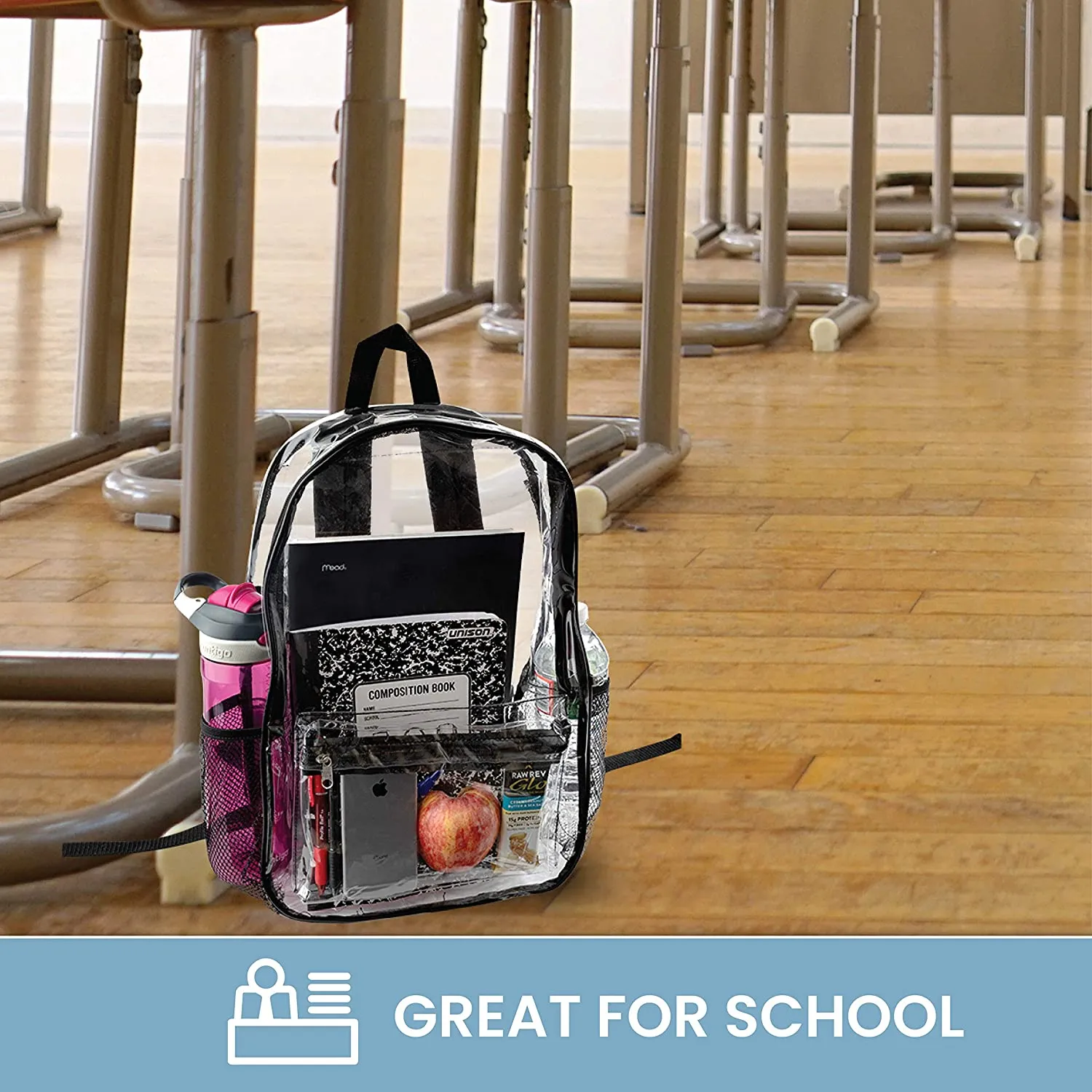 Clear Backpack Security Approved - Reinforced Straps & Front Accessory Pocket 17" x 4.5" x 12"