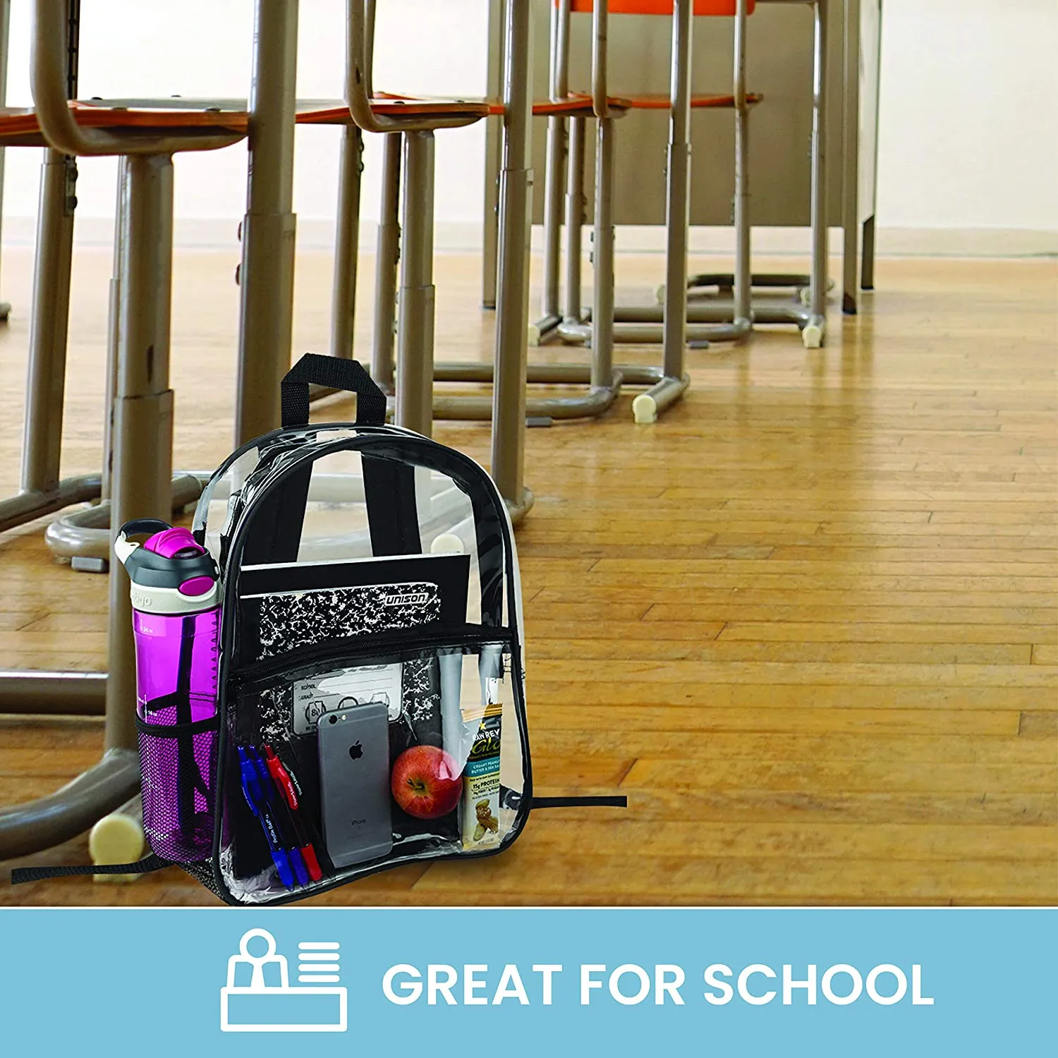 Clear Backpack Security Approved - Reinforced Straps & Front Accessory Pocket 17" x 4.5" x 12"