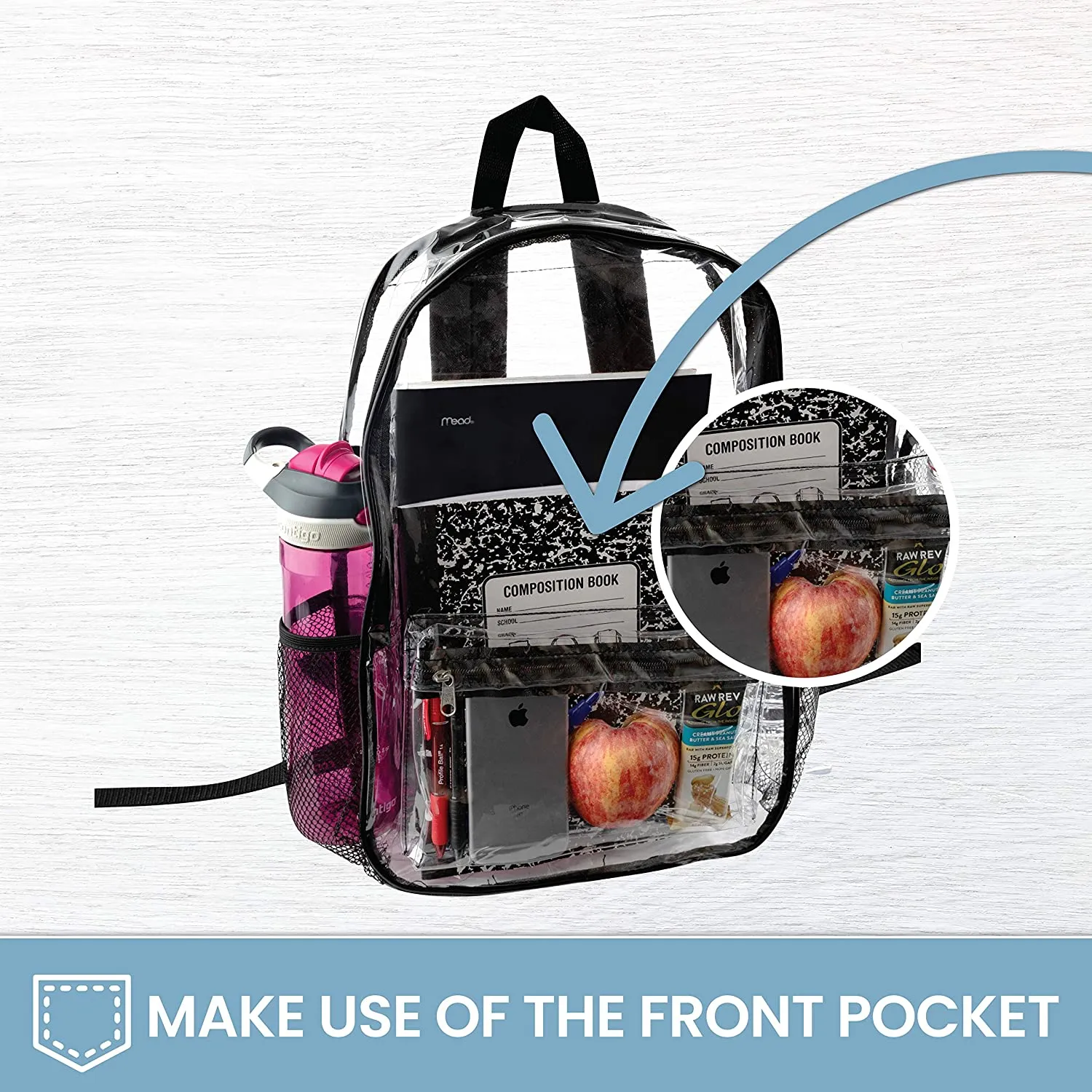 Clear Backpack Security Approved - Reinforced Straps & Front Accessory Pocket 17" x 4.5" x 12"