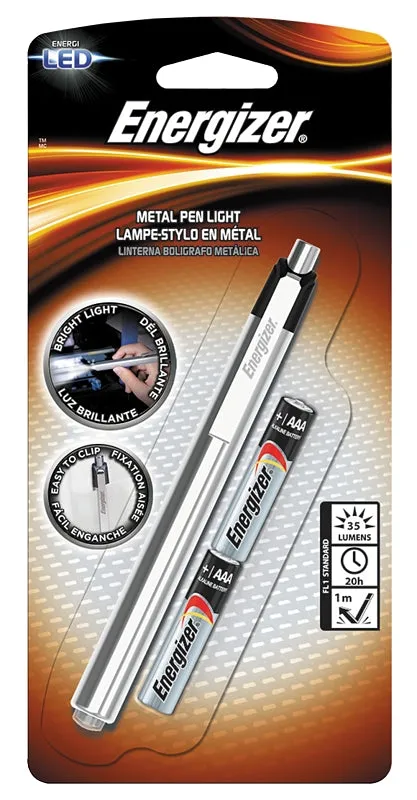 Energizer PLED23AEH LED Penlight, AAA Battery, 11 Lumens Lumens, 27 m Beam Distance, 16 hr Run Time, Silver :CD: QUANTITY: 1