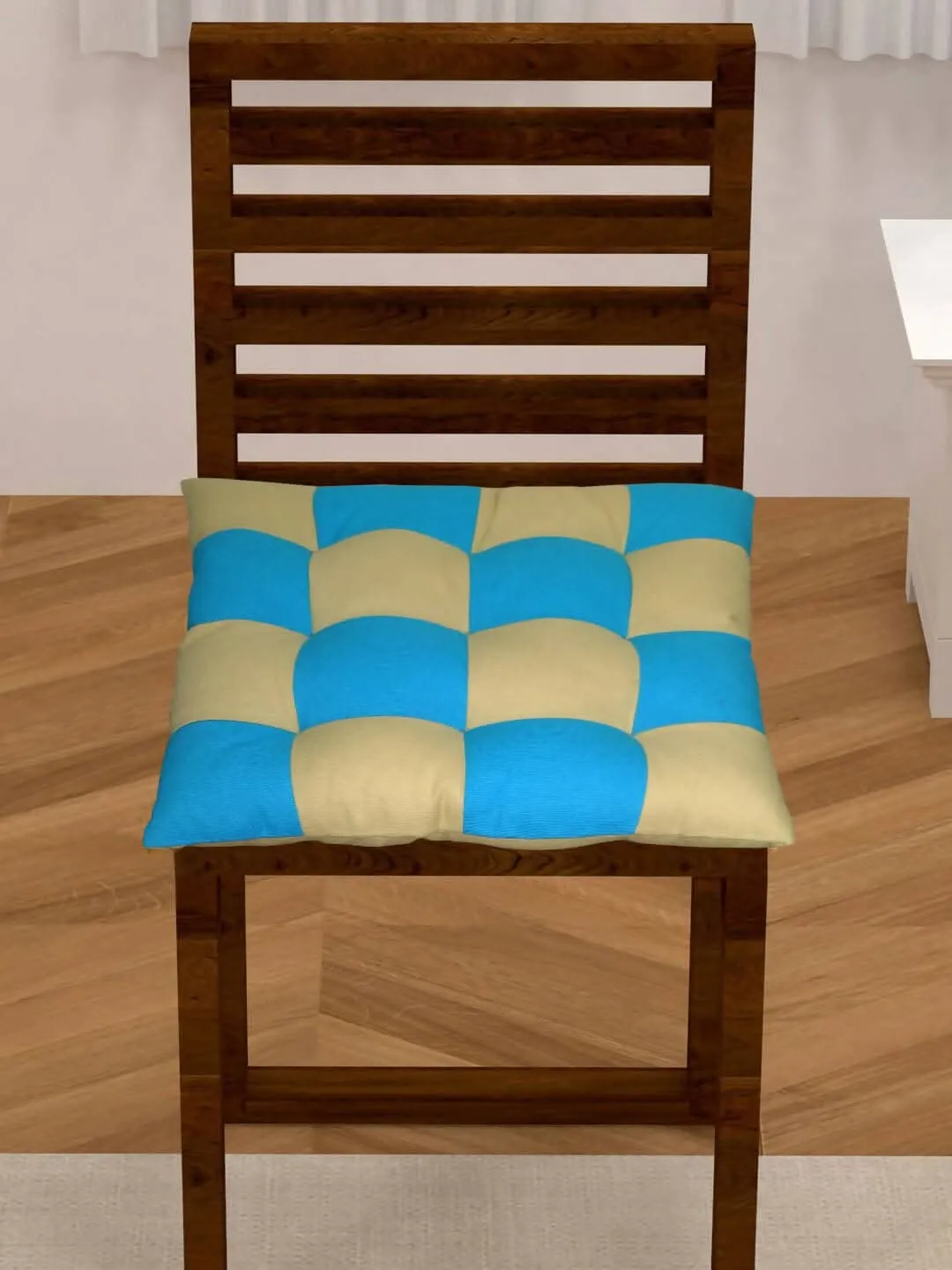 Lushomes Chair Pads, Beige and Blue, Reversible, driver seat cushion for car, dining chair cushion, cushion for car, tie up cushions for chairs, Cotton cushion (15 Inch x15 Inch, 9 Knots, 1 Pc)