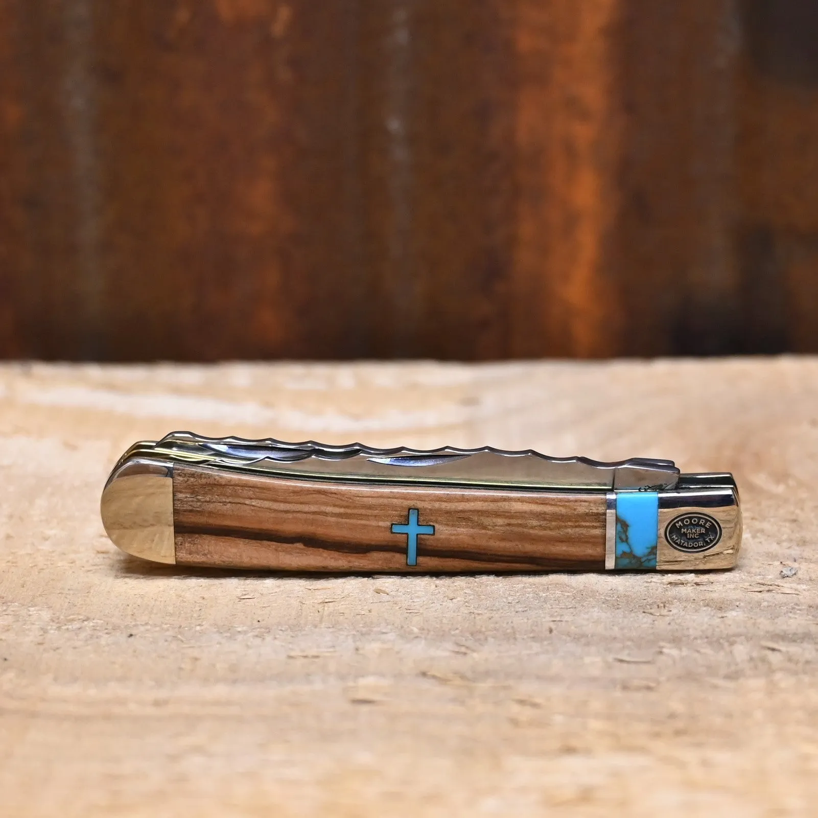 Moore Maker Trapper 4 1/8" Two Blade withTurquoise Cross Inlay