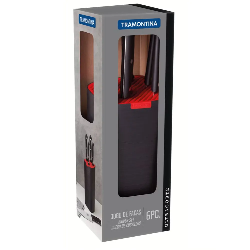 Tramontina Brazil  Ultracorte 6 Pieces Stainless Steel Knife Set with Black Polypropylene Handles and Knife Block